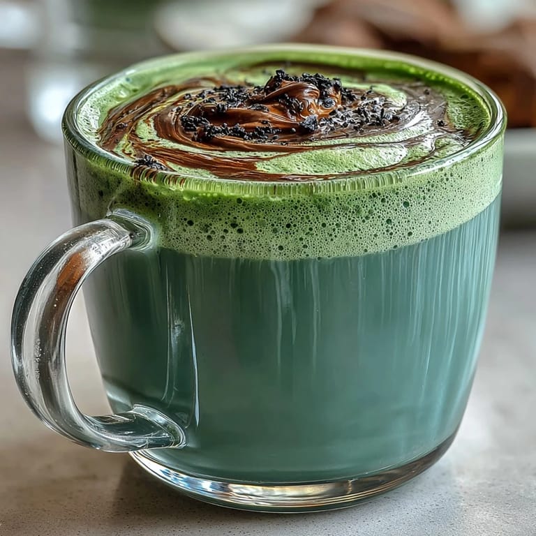 Warm Black Sesame Matcha Latte poured over the black sesame paste, creating a marbled effect in a ceramic mug.