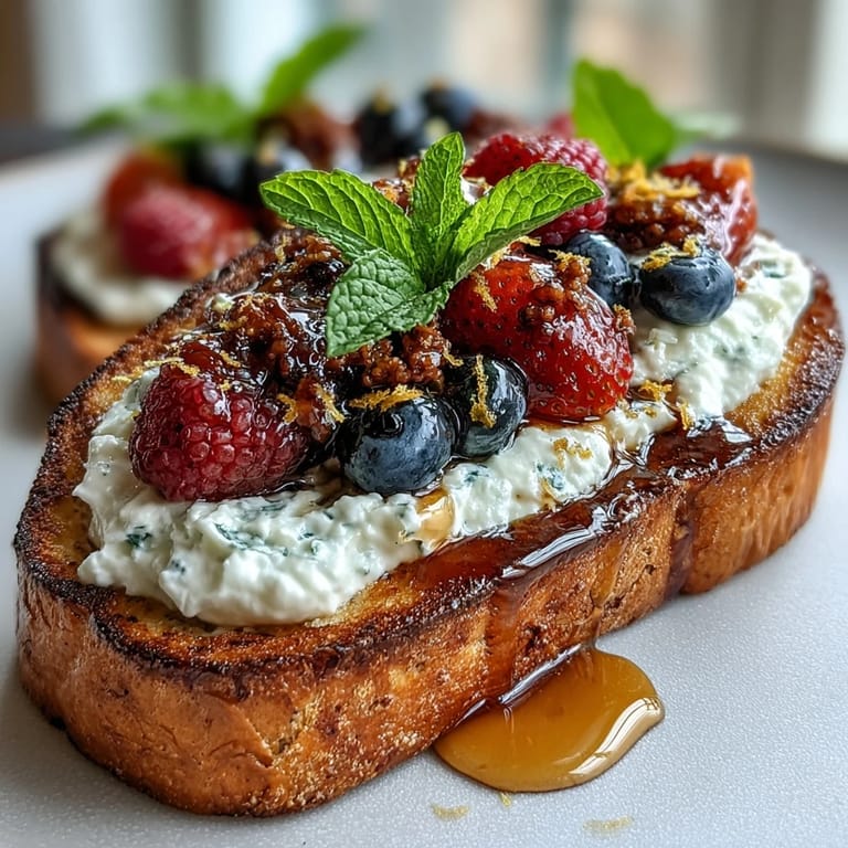 Delicioso tostado de Salado Miel Ricotta para un desayuno dulce y salado con frutos del bosque.