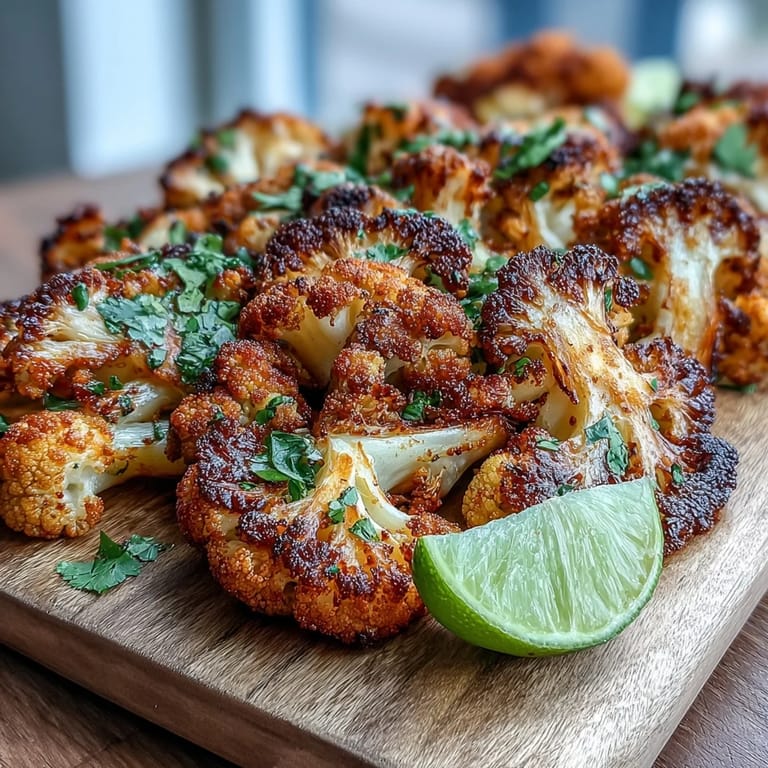 Coliflor con especias jerk, dorada y crujiente, servida con guarnición de cilantro y limón.