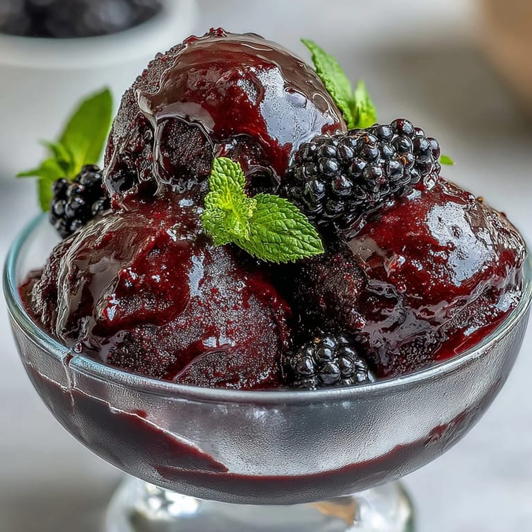 Black Currant & Gin Sorbet al aire sobre paleta, con galletas de limón y bayas negras.