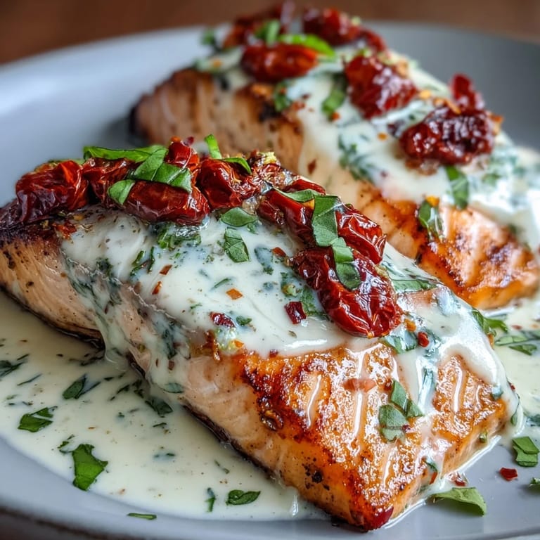 Marry Me Salmon dorado en sartén, con salsa cremosa y tomates secos, ideal para dos.