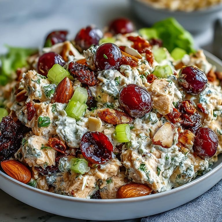 Deliciosa Vegan Chicken Salad sobre lechuga crujiente, con mayonesa vegana cremosa y una cuchara de almendras picadas.