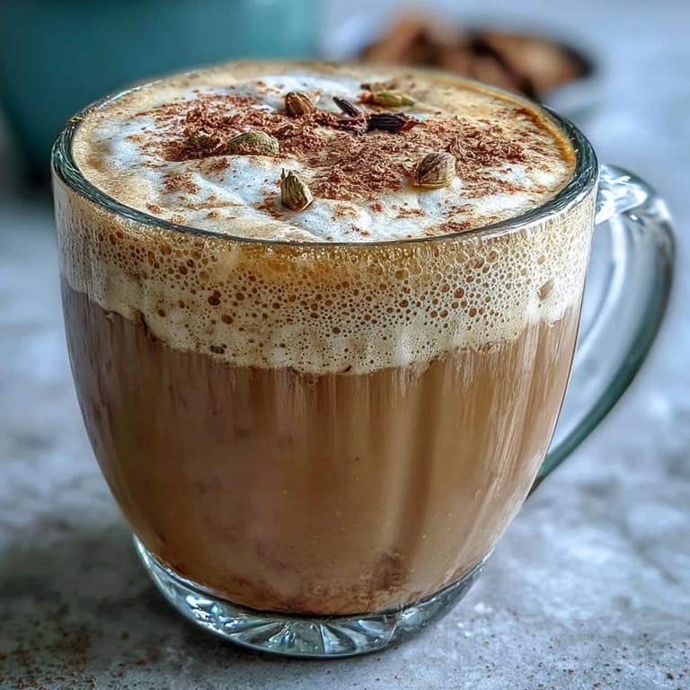 Freshly brewed Cardamom Chai Latte poured into a mug, garnished with cinnamon beside crushed spices.