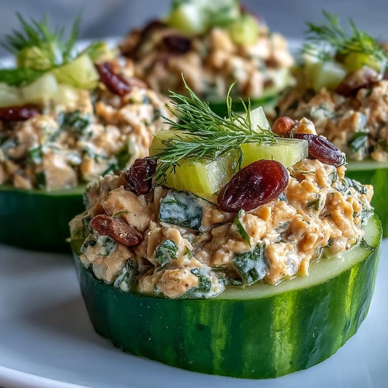 Savory Vegan Chickpea Tuna Salad Stuffed Cucumbers garnished with fresh dill on a plate.