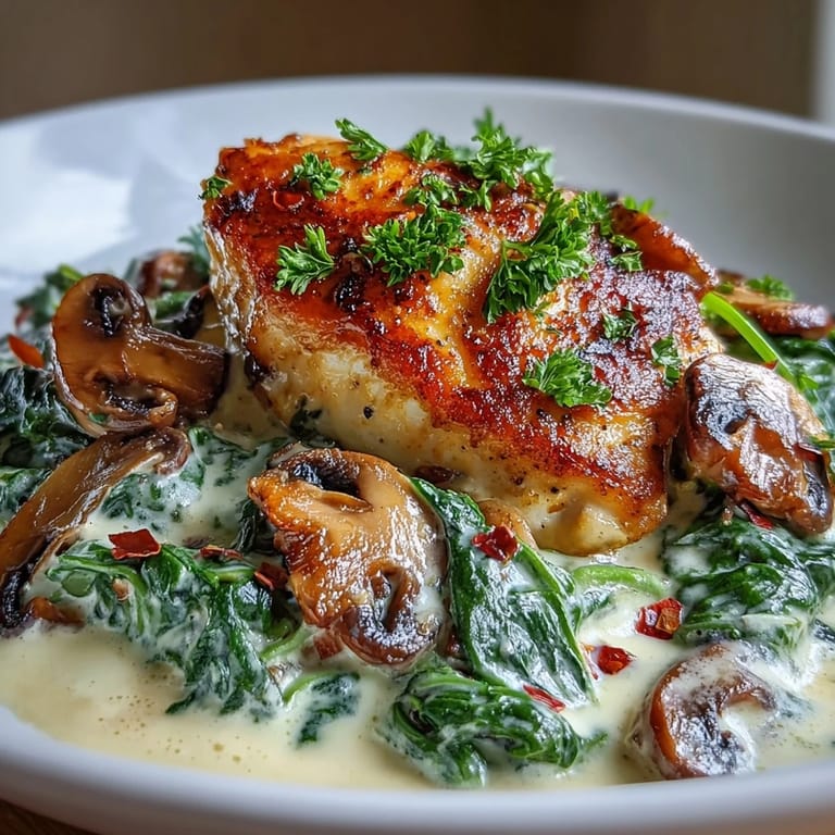 Delicioso plato principal con pollo, espinacas y champiñones en salsa cremosa sin carbohidratos.