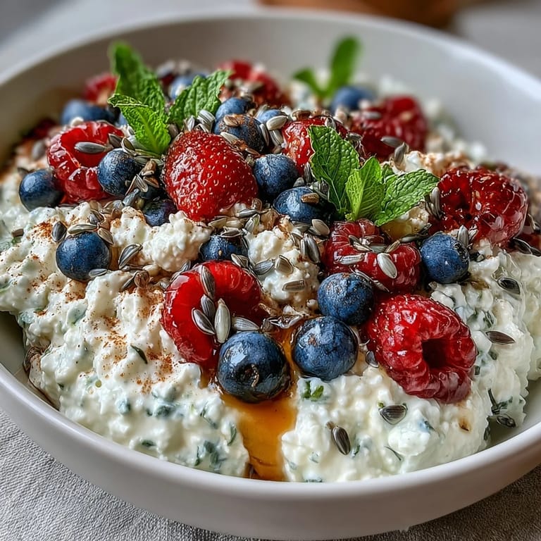 Cinco-Minute Cottage Cheese Berry Bowl de estilo americano, con baya fresca, semillas crujientes y un toque de miel, lista en cinco minutos.