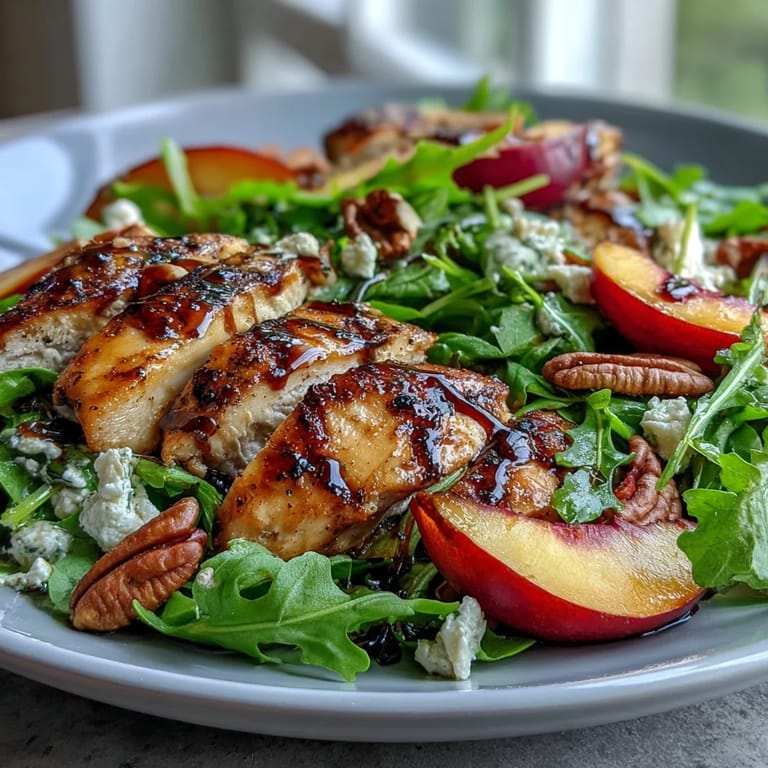 Refrescante Grilled Chicken and Peach Arugula Salad perfecta para verano, aderezada con glaseado balsámico.
