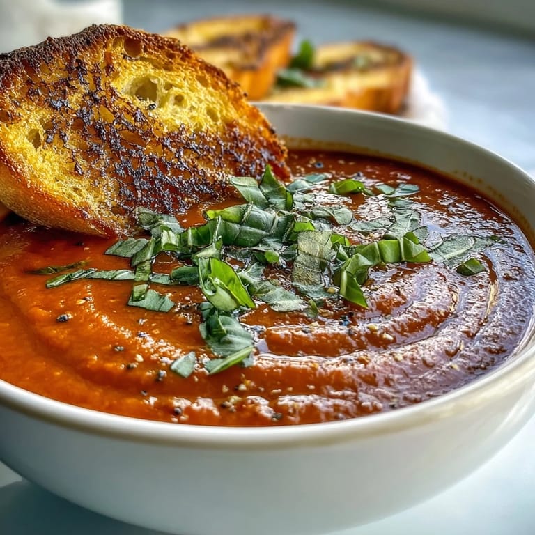 Sopa vegana de tomate y albahaca servida con dippers crujientes de masa madre aliñados con ajo.
