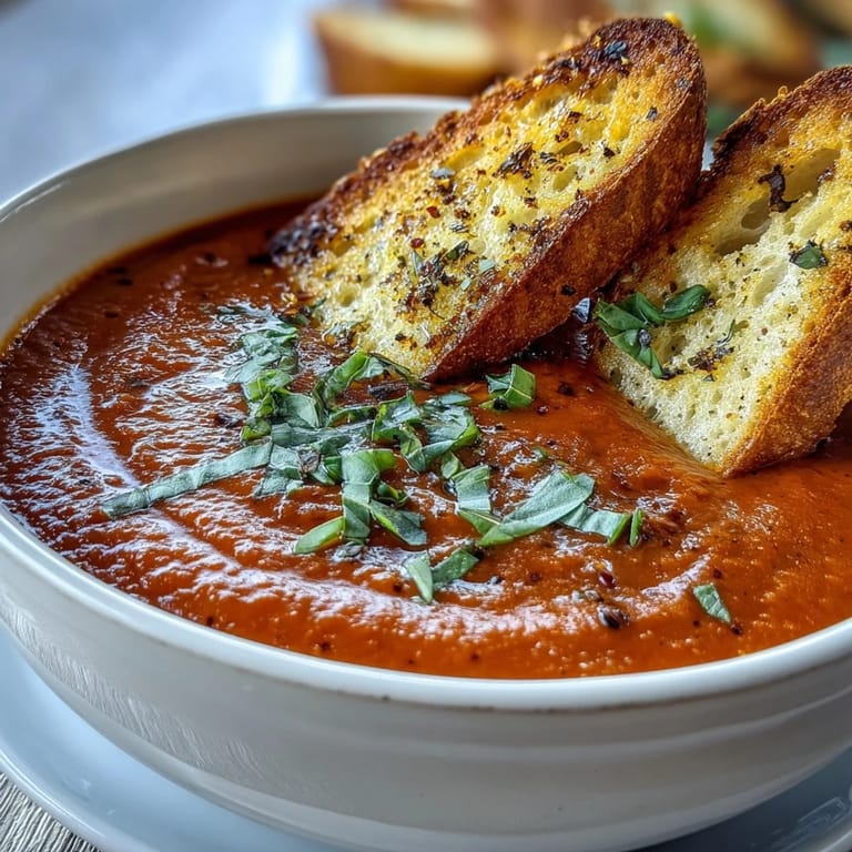 Imágenes: tazón humeante de sopa vegana de tomate y albahaca con dippers de masa madre con ajo.