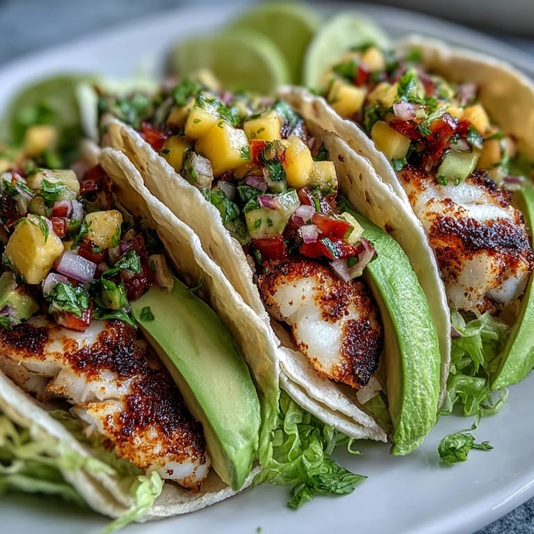 Tacos de pescado a la parrilla con salsa de mango en hojas de lechuga, un plato mexicano ligero y fresco