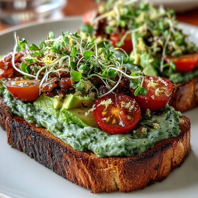 Avocado Pesto Sourdough Toast served with juicy cherry tomatoes and microgreens, ready for breakfast.
