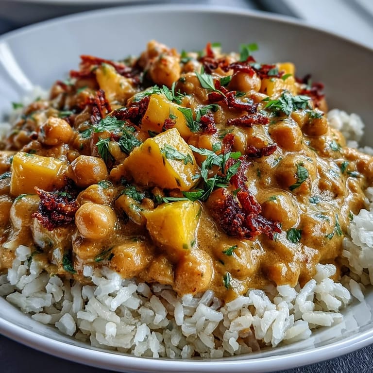 Un bol de arroz vaporoso cubierto con 20-Minute Vegan Mango Coconut Chickpea Curry, con cilantro fresco y trozos de mango.