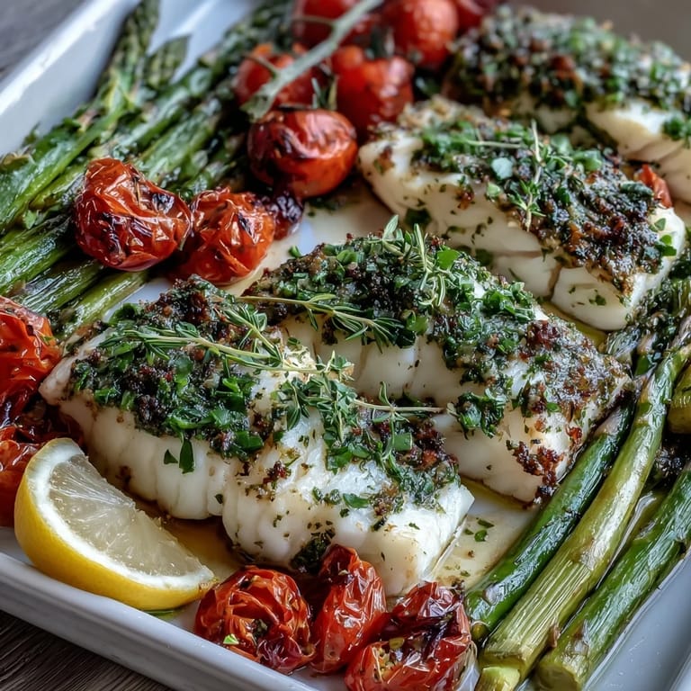 Golden Baked Lemon Herb Cod with Sheet Pan Asparagus and Cherry Tomatoes served with lemon wedges, glistening with olive oil.