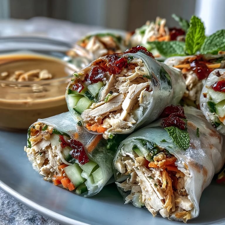 Freshly rolled appetizer with colorful vegetables and herbs, perfect for dipping into a savory peanut sauce.