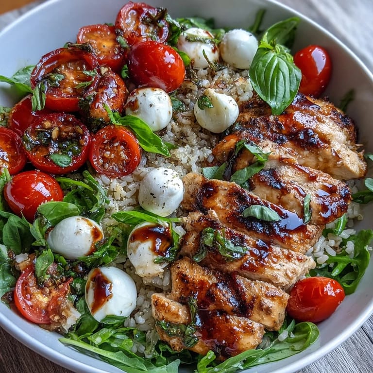 Easy Grilled Chicken Caprese Bowls finished with torn basil, greens, and a rich balsamic reduction on a dinner table