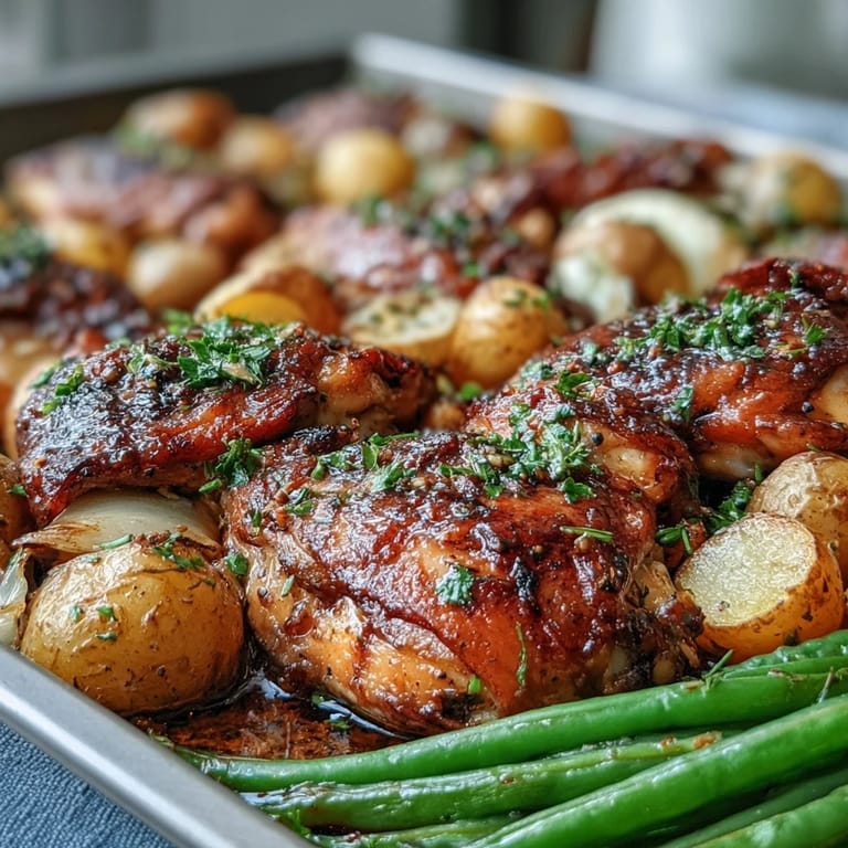 Sabroso Pollo al horno con limón y ajo con papas crujientes y judías verdes, ideal para cenar.