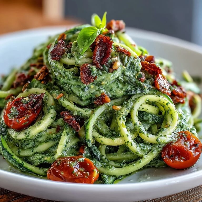 Vibrant green zucchini noodles coated in rich pumpkin seed pesto, with basil and tomatoes, ready to enjoy.