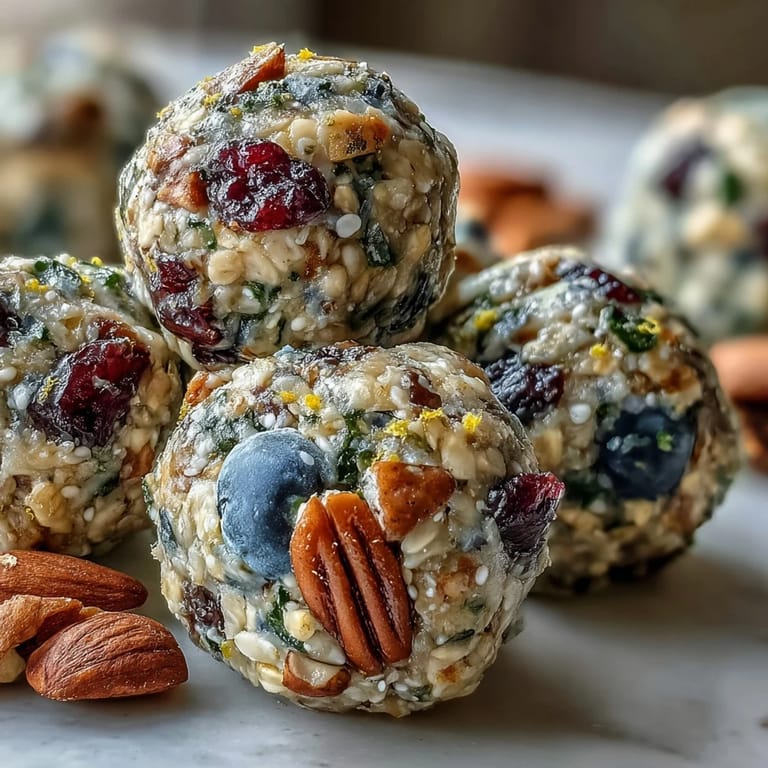 Perfectly chilled Vegan Lemon Blueberry Energy Bites rolled in shredded coconut.