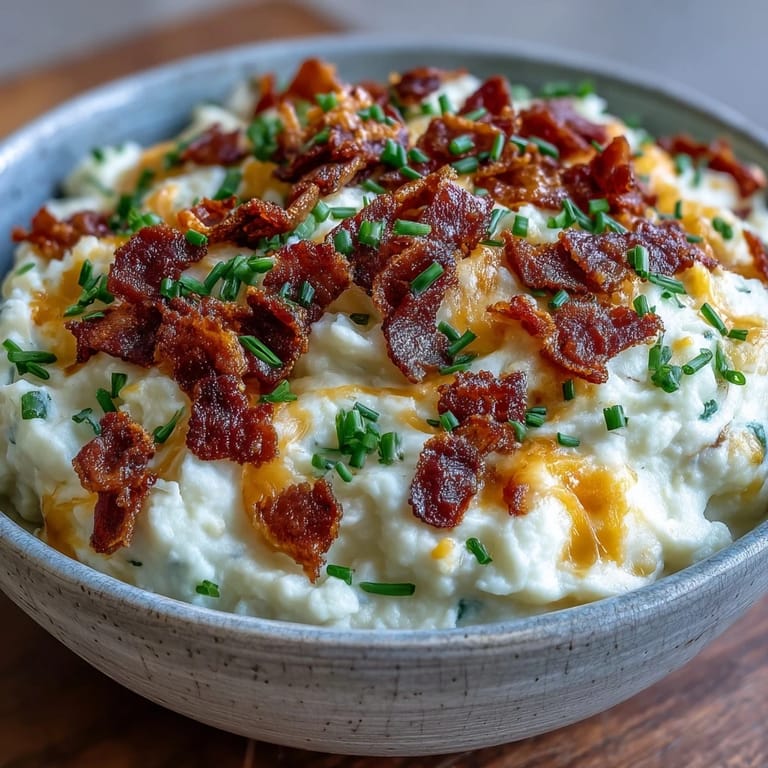 Sabrosa Keto Bacon and Cheddar Cauliflower Mash caliente, con trocitos de bacon crujiente y hierbas frescas decorando.