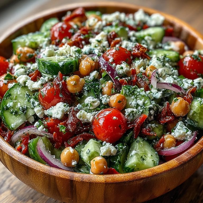 A bowl of Mediterranean Chickpea Salad with cherry tomatoes and red onion, tossed in a zesty lemon-oregano vinaigrette.