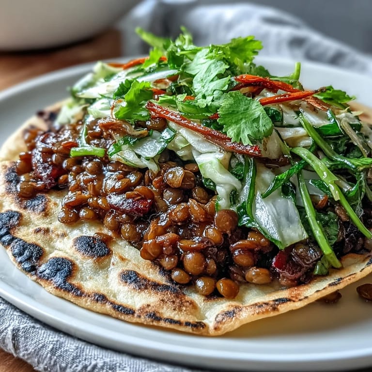 Tacos de lentejas BBQ con ensalada de col crujiente, un plato vegano colorido y sabroso listo para servir.