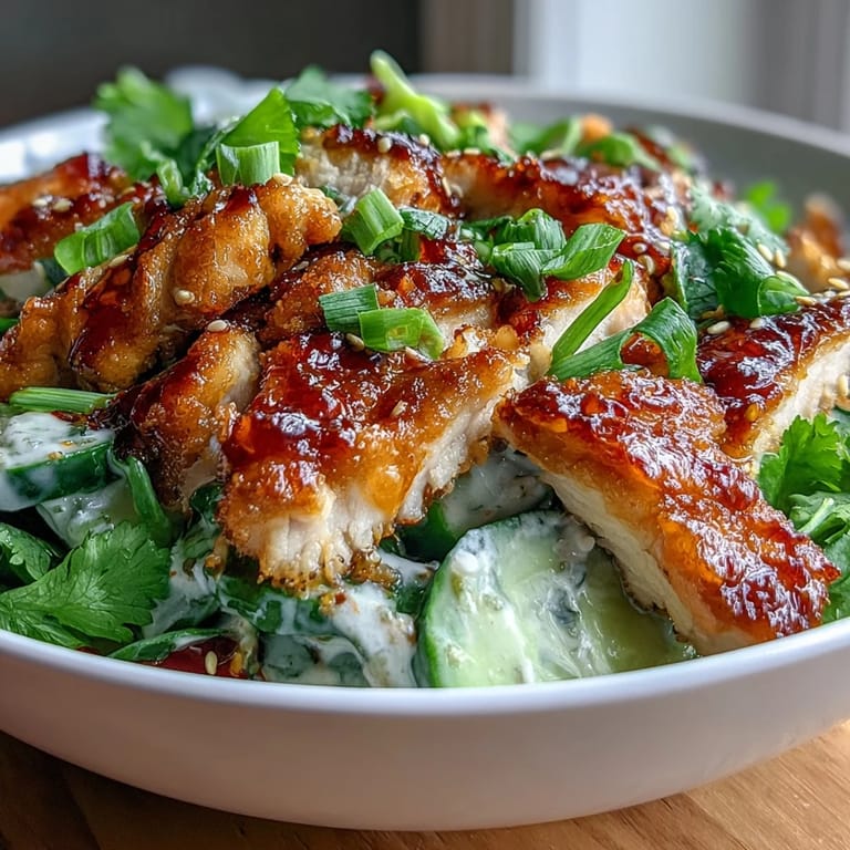 "Bowls de pollo con pepino y chili crisp: sabrosas capas de pollo, ensalada de pepino y crujiente de chile."  