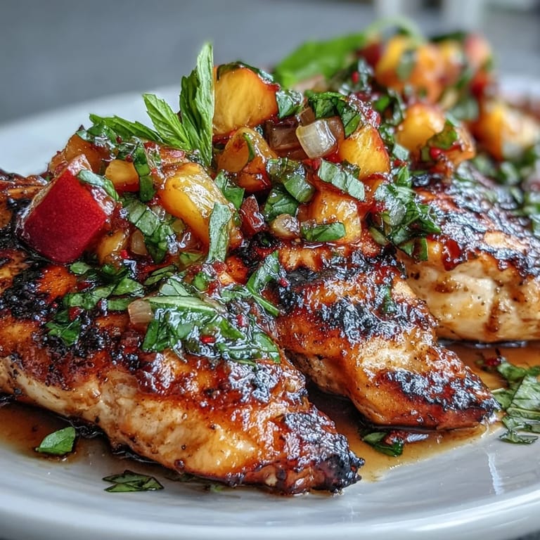 Pechugas de pollo a la parrilla doradas cubiertas con una salsa de durazno y albahaca dulce y aromática, perfecta para reuniones al aire libre.