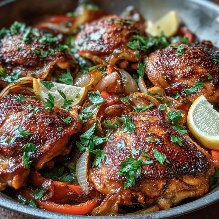 Pollo al pimentón con pimientos y cebolla asados, dorados y crujientes, servidos con perejil fresco.  