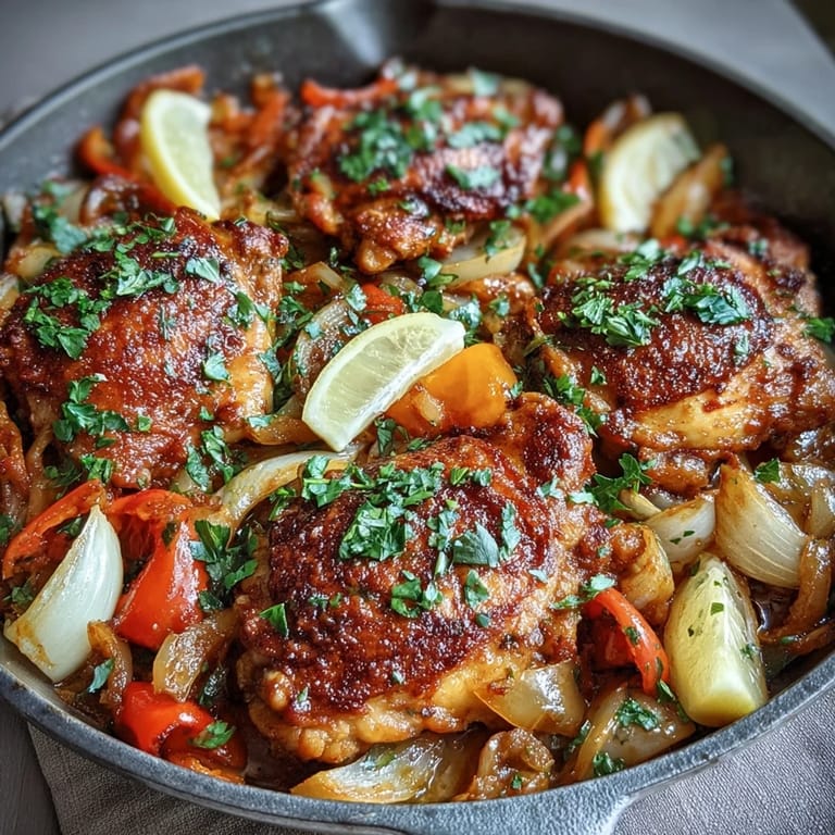Cena en sartén con pollo al pimentón, pimientos asados y cebolla, lista en 50 minutos.
