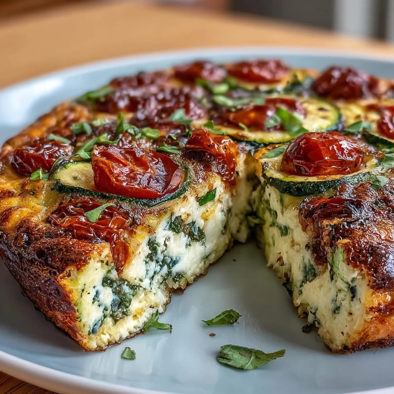 Frittata italiana de calabacín y tomate con espinacas, aromatizada con albahaca y orégano, perfecta para dietas vegetarianas y bajas en carbohidratos.