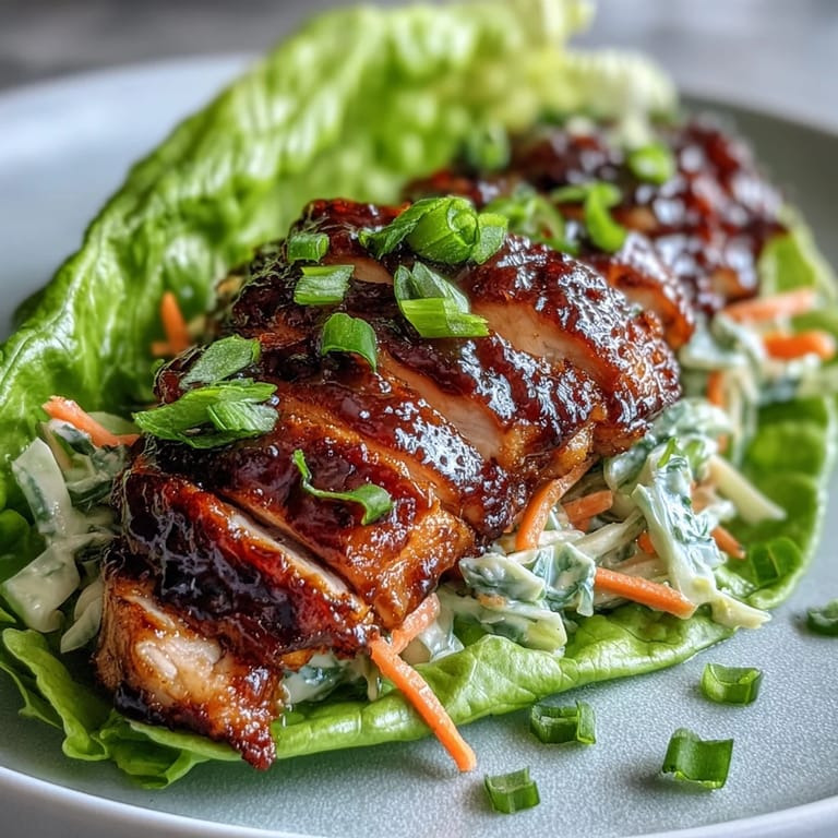 Deliciosos envoltorios de lechuga rellenos de pollo BBQ jugoso y ensalada de col crujiente, ideal para una dieta alta en proteínas y baja en carbohidratos.  