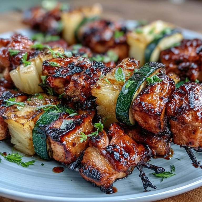 Brochetas de pollo marinado en miel y lima, alternadas con zucchini y piña fresca, perfectas para una comida veraniega llena de color y sabor.