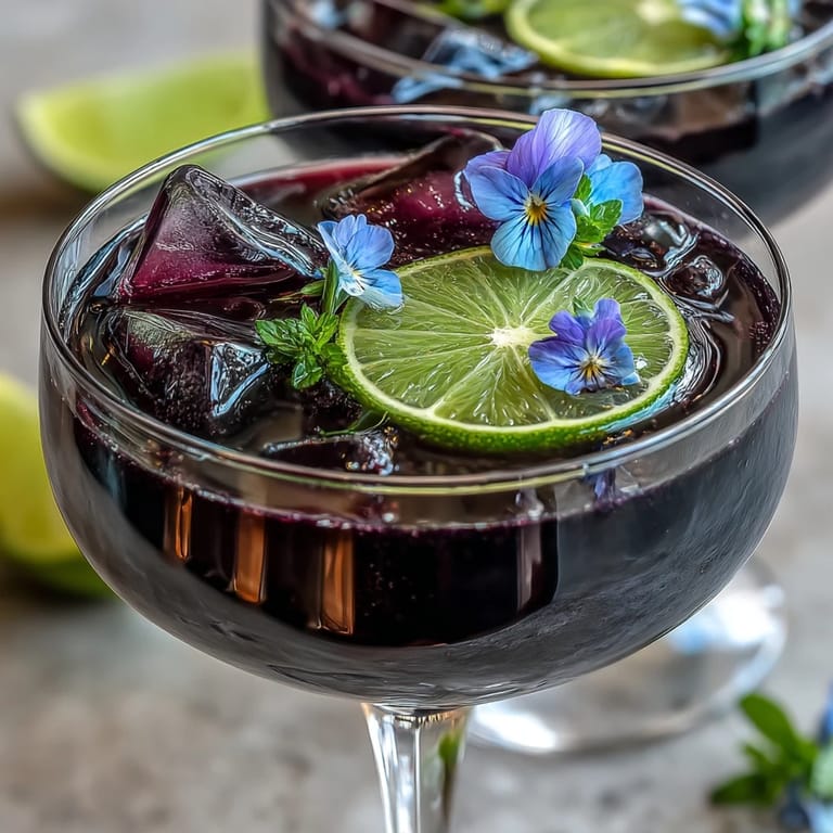 Elegante combinación de gin, grosella negra y lima con soda opcional, adornado con rueda de lima y flores.
