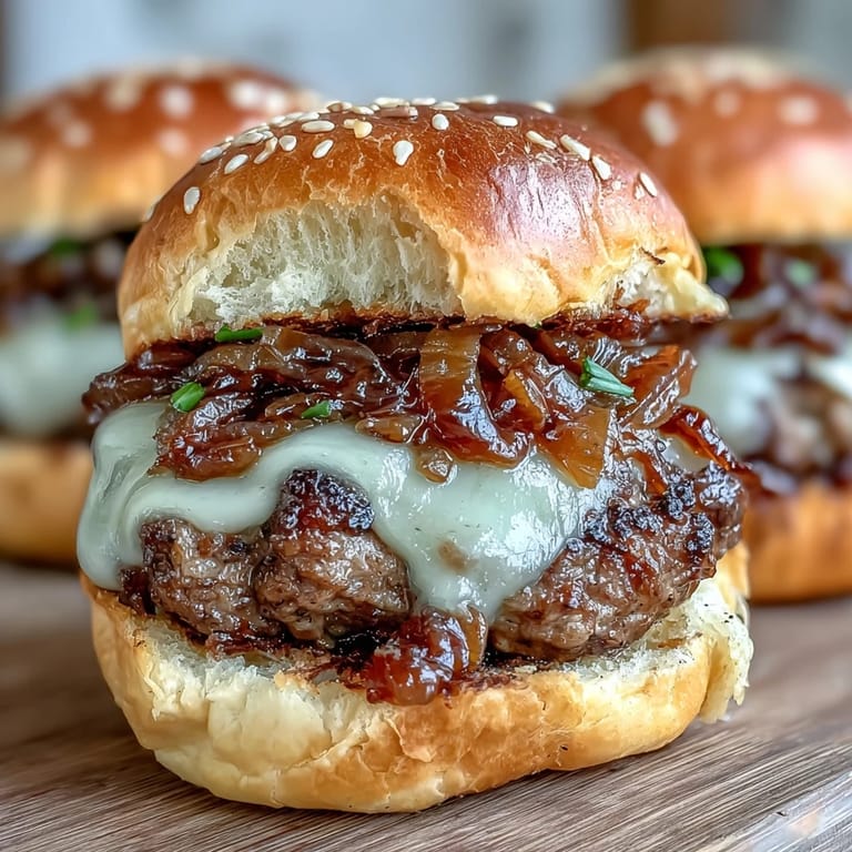 Delgadas hamburguesas de res aplastadas en sartén de hierro fundido, cubiertas con cebollas dulces y queso americano derretido.  
