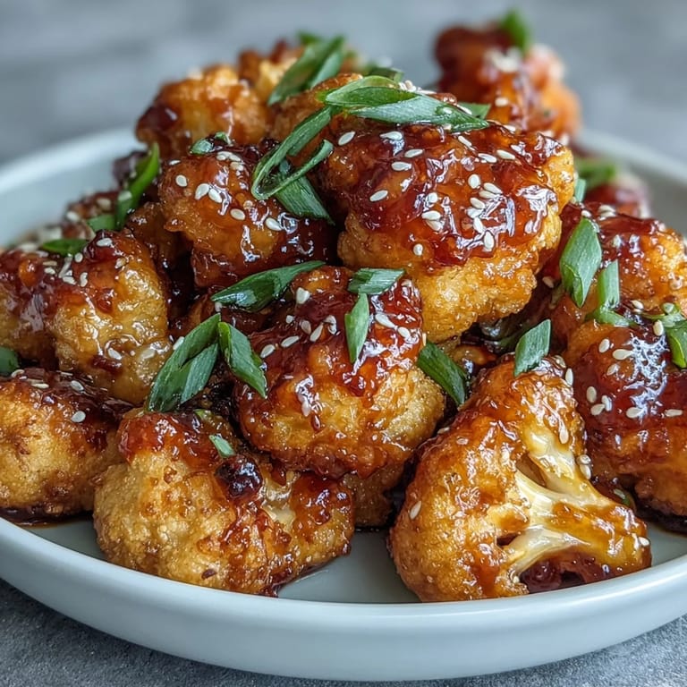 Floretes de coliflor dorados y crujientes bañados en salsa picante y dulce, perfectos como entrante o plato principal.