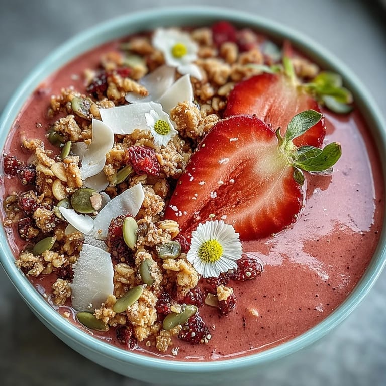 Dos tazones de smoothie de fresa cremoso coronados con granola dorada, frutas del bosque y coco rallado, listos para compartir.