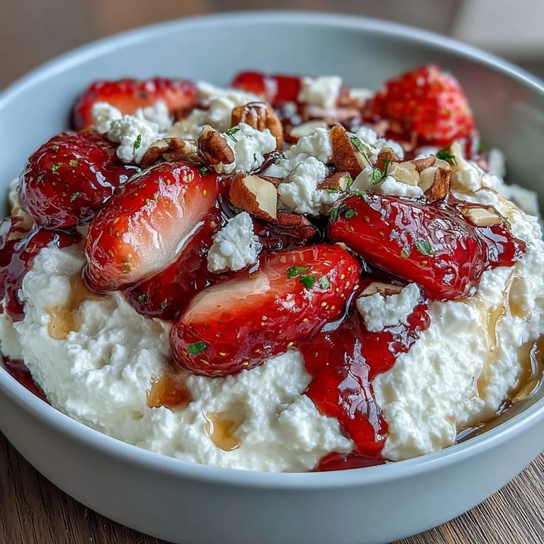 Cuenco de queso cottage con fresas y miel, rociado con miel y semillas, una opción ligera y deliciosa.