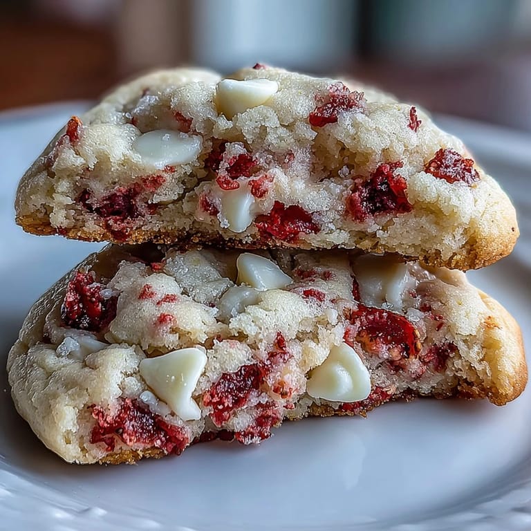 Deliciosas galletas de San Valentín rellenas de fresas deshidratadas y chocolate blanco, perfectas para compartir en pareja.
