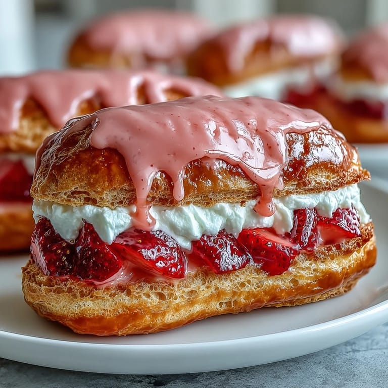 Éclairs franceses rellenos de fresas frescas y cubiertos con un glaseado de fresa suave y brillante.