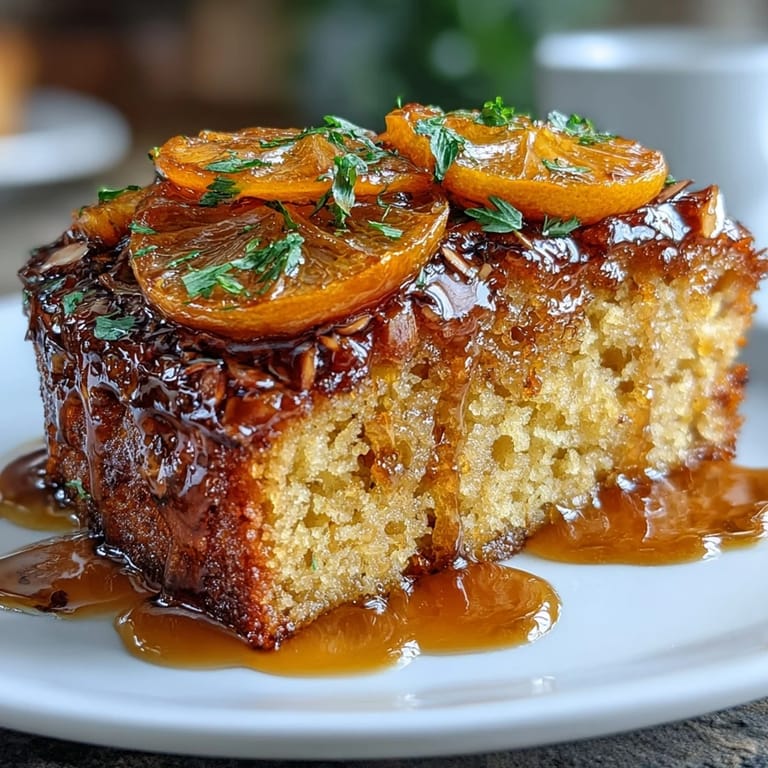 3. Pastel mediterráneo de almendras con naranjas caramelizadas, decorado con almendras fileteadas y azúcar glas.