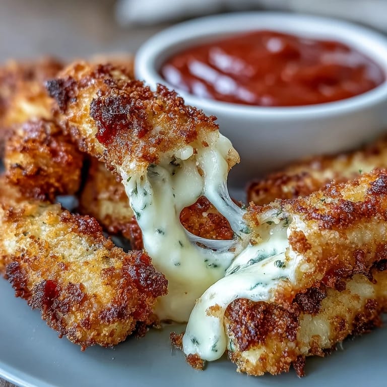 2. Palitos de mozzarella crujientes y dorados acompañados de salsa marinara picante, perfectos para compartir como entrada.