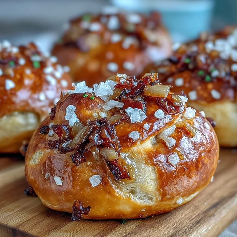 Bocados de pretzel suaves con cebolla dorada y sal gruesa, ideales para compartir.  
