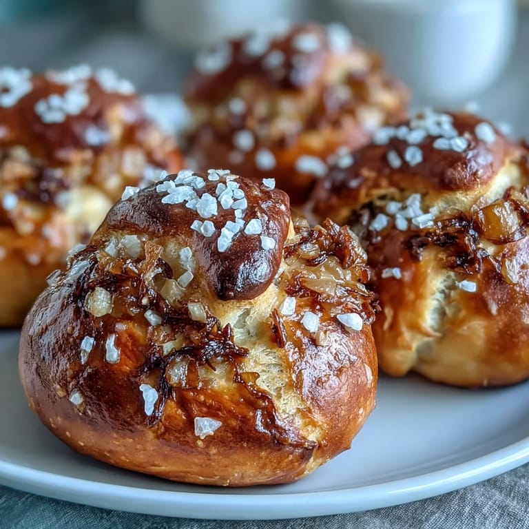 Pretzel bites de masa madre con cebolla caramelizada recién horneados, perfectos para picar.