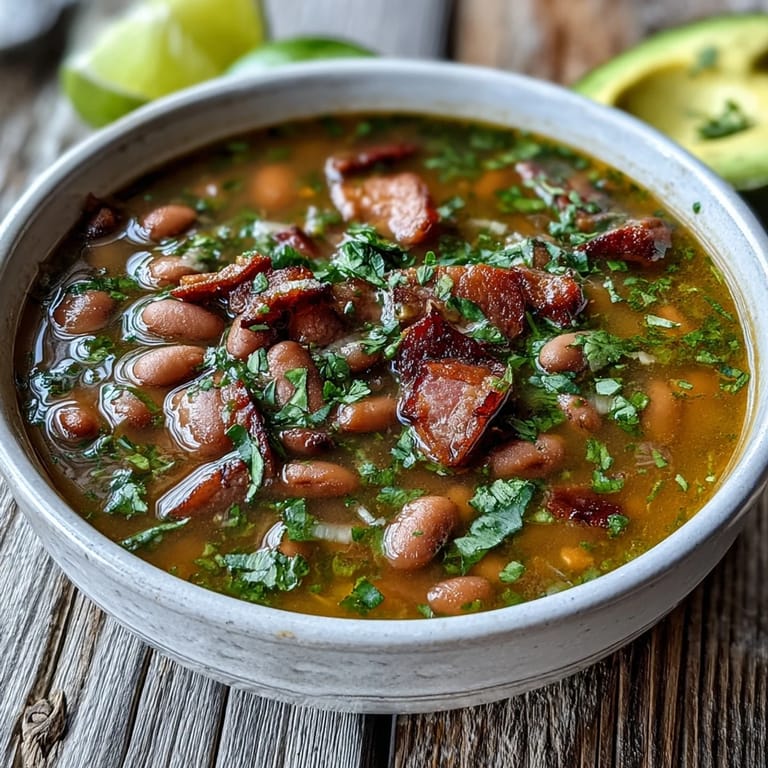 Sopa abundante de jamón y frijoles pintos servida con cilantro fresco y rodajas de limón.