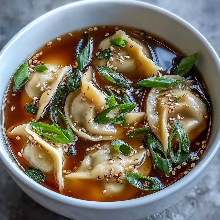 Deliciosa sopa de dumplings en caldo de pollo, con cebollín fresco y dumplings tiernos, perfecta para una comida reconfortante.