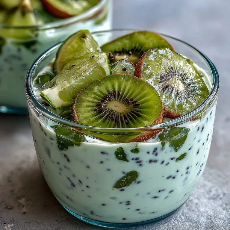 2. Refreshing layered chia pudding featuring zesty lime and sweet kiwi, topped with coconut flakes and mint leaves for a delightful breakfast or snack.  