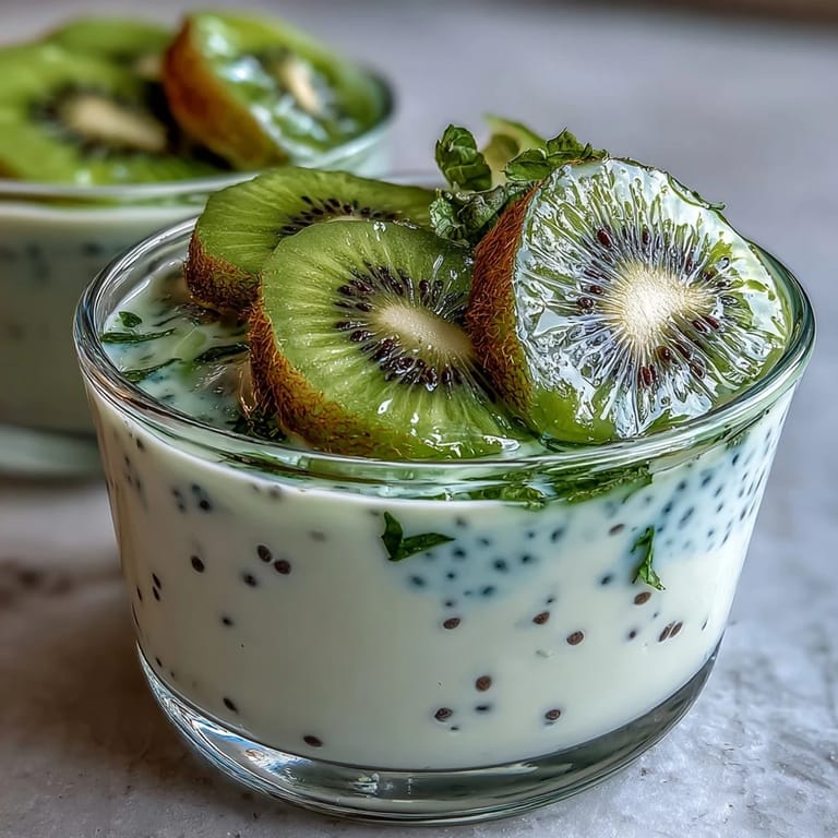 3. Creamy chia pudding cups with tangy lime and ripe kiwi, garnished with fresh kiwi slices and coconut flakes for a tropical, gluten-free dessert.