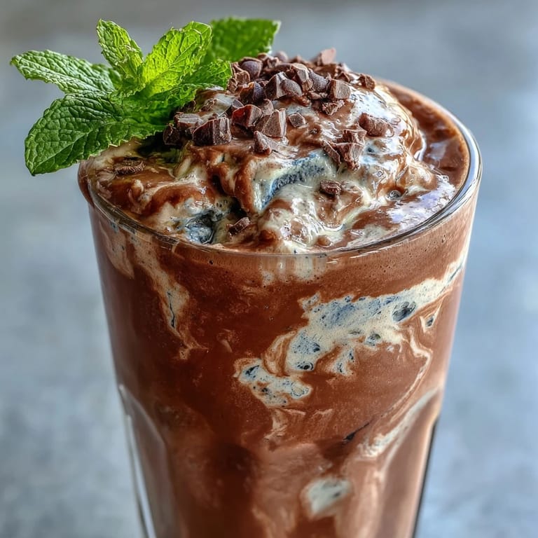 Batido refrescante de proteína de chocolate y menta, endulzado naturalmente con banana congelada y espinacas opcionales.