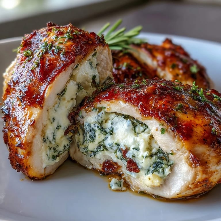 Elegante plato principal de pollo relleno con espinacas y feta, perfecto para ocasiones especiales.