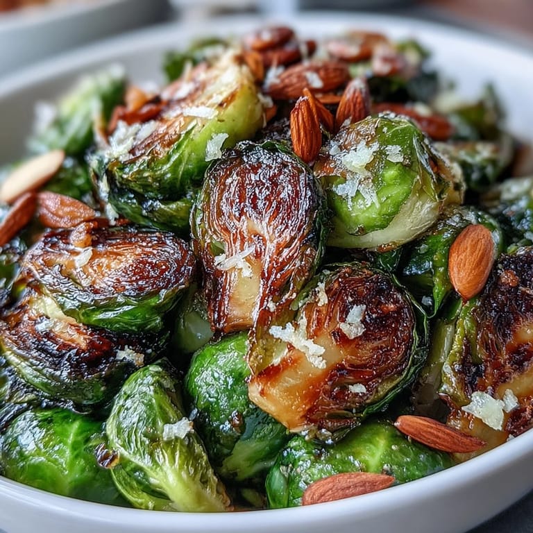 Plato de coles de Bruselas crujientes y aromáticas, realzadas con limón, hierbas frescas y almendras doradas.  